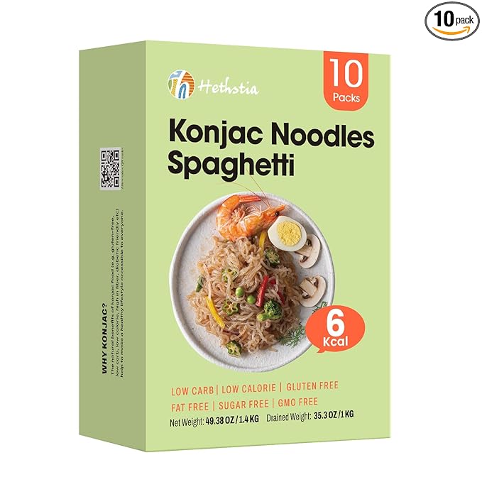 Hethstia Shirataki Noodle Konjac Noodles Pasta Spaghetti Gluten-Free Vegan Keto Friendly Low-Calorie Low-Carb Sugar-Free 56.5 Oz (10 Packs) Low GI Healthy Diet Ready to Eat