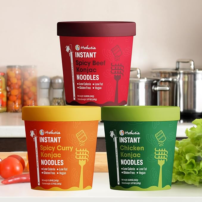 Hethstia Konjac Noodle 6-Pack Pre-cooked Low Carb Shirataki Pho Soup Variety Flavor (Chicken Spicy Curry Spicy Beef)- Low-Calorie Sugar-Free Vegan Gluten-Free 34.32oz Keto-Friendly Asian Meal