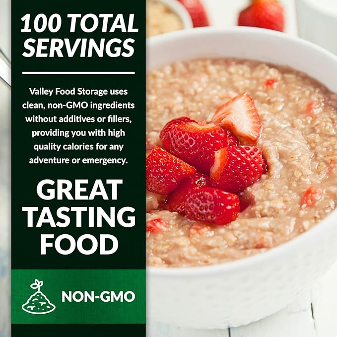 Valley Food Storage Freeze Dried Strawberry Oatmeal | 10-Bag Bucket 100 Servings | Premium Emergency Food Supply with 25 Year Shelf Life | Non-GMO Freeze Dried Breakfast &amp Prepper Food