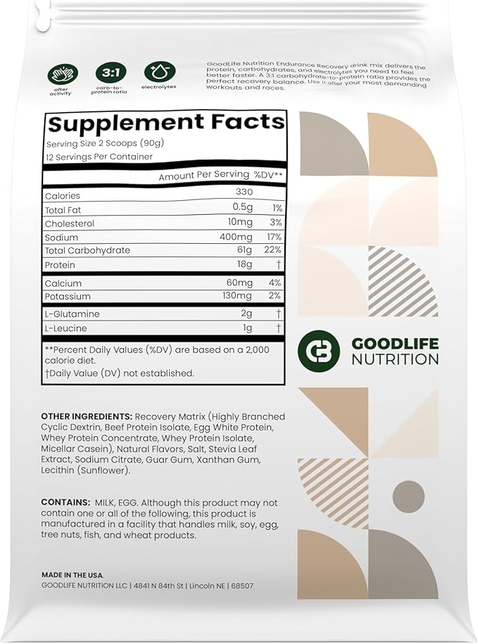 Endurance Recovery - Protein and Carbohydrate Recovery Drink Mix - Post-Workout Recovery Drink - 12 Serving Bag (Vanilla)