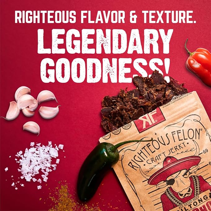 Righteous Felon Biltong Beef Jerky | South African Biltong Snack Packs for Adults | High Protein Keto-Friendly Low Sugar | Made with Premium Meats | Beef Jerky Gifts for Men | Ancho Villa 3 Pack