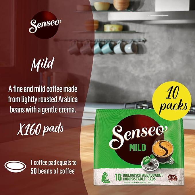 Senseo Mild Light Roast Coffee Pods 16 Count (Pack of 10) - Single Serve Coffee Pods Bulk Pack for Senseo Coffee Machine - Compostable Coffee Pods for Hot or Iced Coffee Cold Brew Coffee