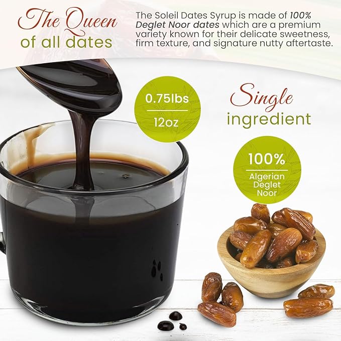 (Pack of 2) 12oz Soleil Date Syrup | Made with 100% Deglet Noor dates | Certified NON-GMO KOSHER. Healthy Natural Sweetener with NO added sugars or preservatives Gluten-free Vegan. PBA-free squeez