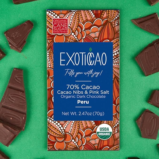 EXOTICCAO 8 Pack Cacao Nibs &amp Pink Salt Organic Dark Chocolate Bars|Cane Sugar|Gluten-Free Vegan Non GMODairy free Soy Free|70% Cacao|2.47 oz Each