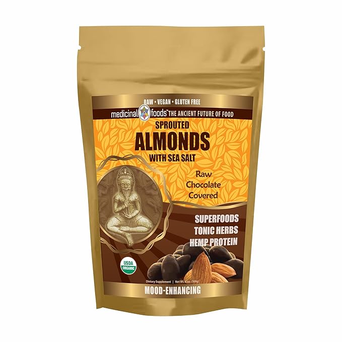 Medicinal Foods Chocolate Covered Almonds | Organic Raw Vegan Sprouted Superfood Snack | Nutrient-Rich Energy Boost | 6 oz