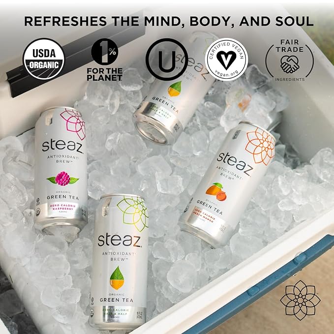 Steaz - Organic Green Tea - Zero Calorie Half &amp Half (12 Pack) - Antioxidant Brew - 65mg Natural Caffeine Vitamin C - Stevia Sweetened Iced Tea - Vegan Fair Trade - 12 Cans 16 fl oz (473mL)