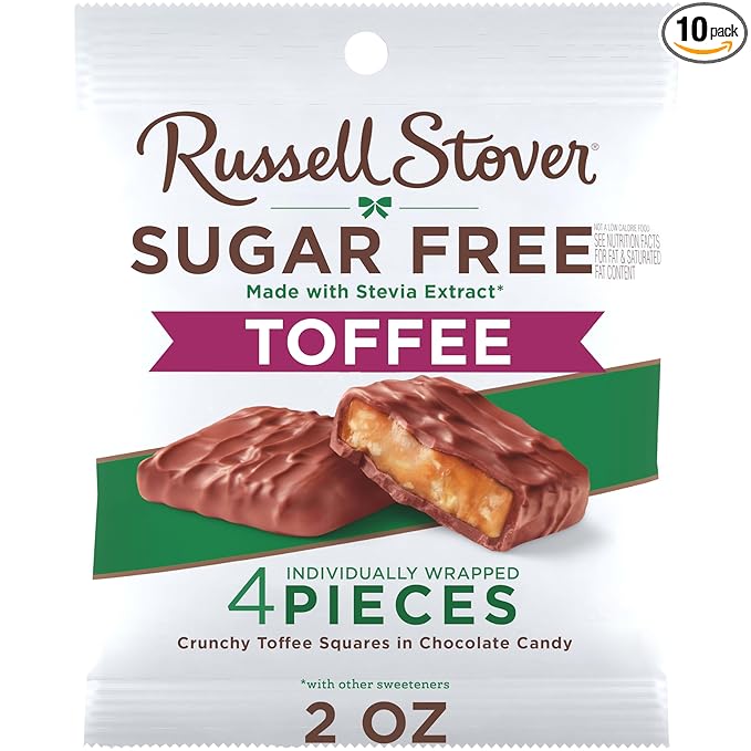 RUSSELL STOVER Sugar Free Toffee Squares in Chocolate Candy 2 oz. bag (Pack of 10)