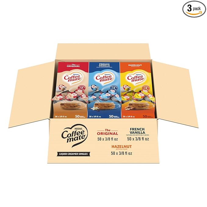 Nestle Coffee mate Creamer Singles Variety Pack Original French Vanilla Hazelnut Non Dairy No Refrigeration 150 Count (Pack of 3)