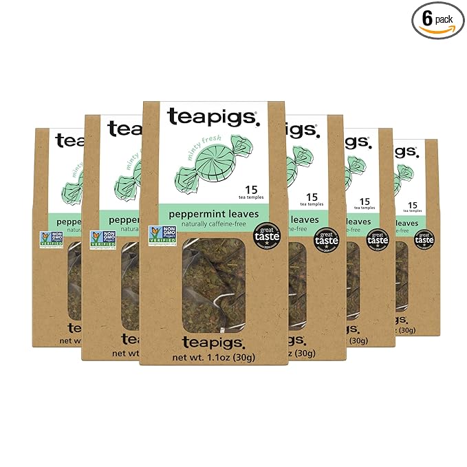 Teapigs Peppermint Leaves Tea Bags Made With Whole Tea Leaves Natural Ingredients Non-GMO Caffeine-Free – 90 Count (6 Packs of 15 Teabags)