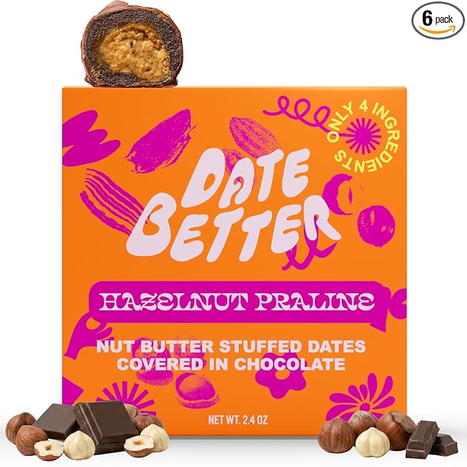 Date Better Hazelnut Praline Stuffed Medjool Dates - Dark Chocolate-Covered Dates Filled With Creamy Hazelnut Butter &amp Cacao Nibs | No Artificial Sweeteners Gluten-Free &amp Vegan (6-Pack)