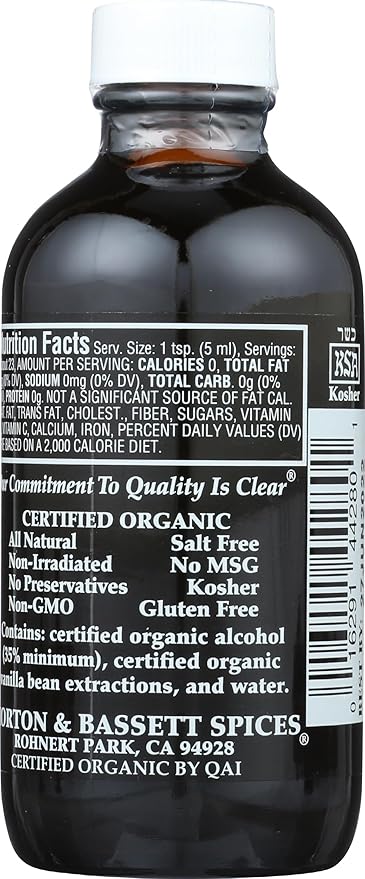 Morton &amp Bassett Organic Pure Vanilla Extract | Premium Bourbon Vanilla for Baking &amp Beverages | Gluten Free Salt Free Non-GMO | 4 fl oz Bottle