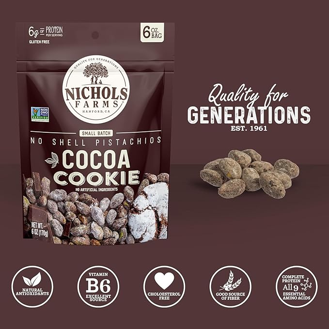 Nichols Farms Pistachios - Fresh Roasted No Shell Pistachio - Nutrient Rich Nuts Snack Packs - Non-GMO California Grown - Healthy Wonderful Tasting Party Snack - (Cocoa Cookie)
