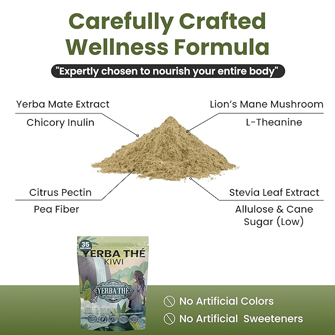 Ancient Diosa Yerba Mate Powder - Clean Energy &amp Focus - Organic Yerba Mate Tea 350g - Supports Gut Health with Probiotics &amp Prebiotics Brain Fog Relief Focus &amp Relaxation - Kiwi Flavor