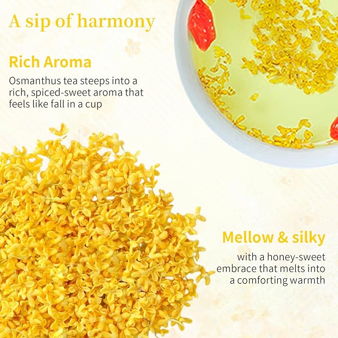 Baihuatang Natural Dried Osmanthus Flower for Tea 1.76oz/50g Premium Osmanthus Fragrans Herb Gui Hua Dried Intact Blossoms Stem-Free Bright Golden Hue Rich Aroma 桂花 桂花糕 桂花蜜 无硫无杂