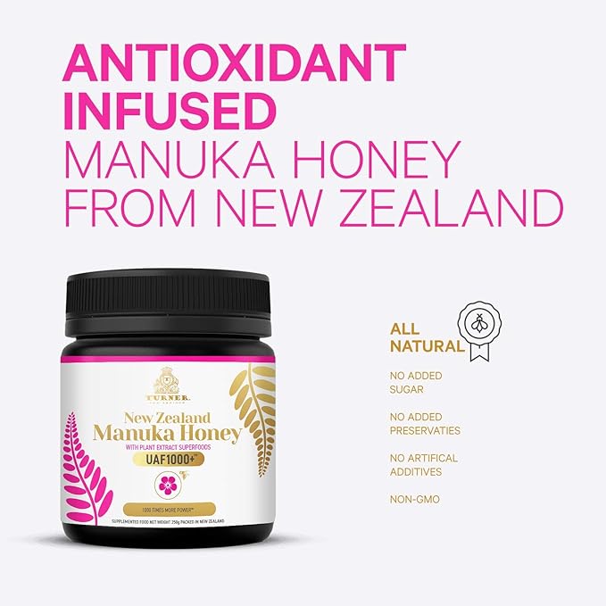 TURNER Certified Raw New Zealand Manuka Honey with UAF1000+ (8.8oz/250g) 1000x More Power Greatest Gift to Support Everyday Wellness Natural Probiotic Prebiotic Antioxidant Superfood 2 Jars