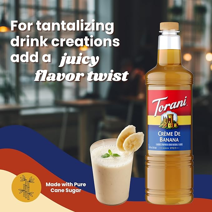 Torani Crème De Banana Syrup 1 Liter Bottle with Pump – Premium Banana Flavoring with Pure Cane Sugar &amp Natural Ingredients for Coffee Cocktails Desserts Smoothies &amp More