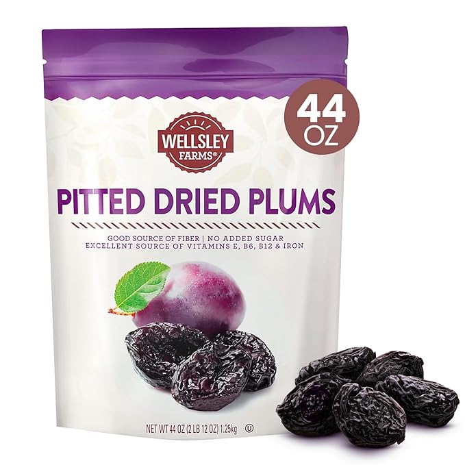 Wellsley Farms Gourmet Dried Plums - Gluten Free and Kosher Certified - Dry Prunes With Fiber Plus Added Vitamins B6 B12 E and Iron - Ideal for Travel School &amp Office Snacks - 44 oz Resealable