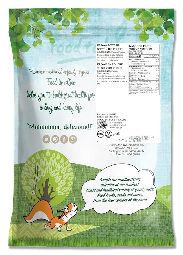 Papaya Juice Powder 9 Pounds - Made from Raw Dried Fruit Unsulfured Vegan Great for Baking Juices Smoothies Yogurts and Instant Breakfast Drinks No Sulphites Contains Maltodextrin