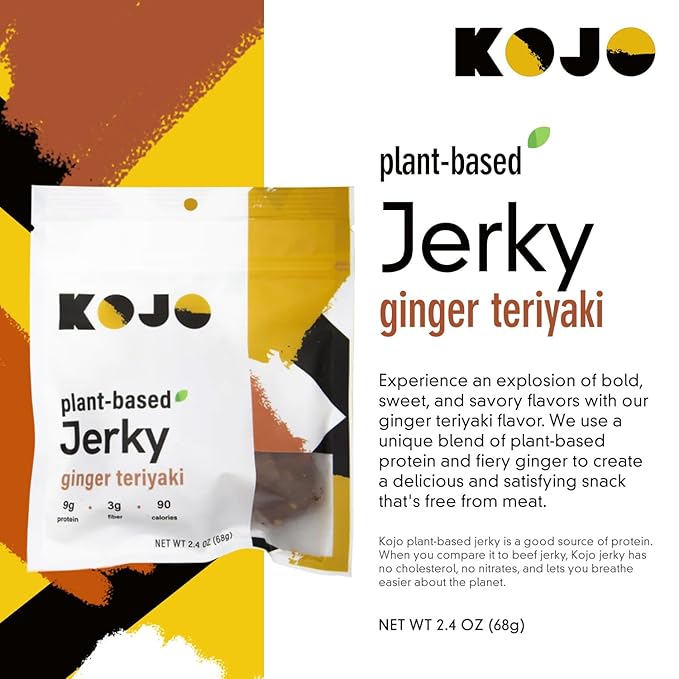 Kojo - Plant-based Vegan Jerky - Ginger Teriyaki - Gingery Zing and Shamelessly Meaty Flavor - 9g Protein 3g Fiber 90 Calories - 6 Bags (2.4 oz)