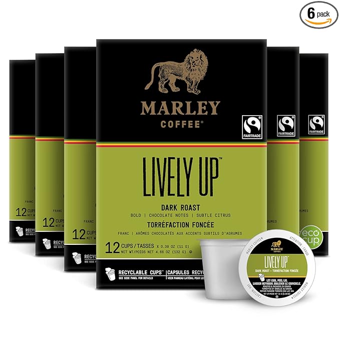 Marley Coffee Lively Up Fairtrade Certified Dark Roast Coffee Keurig K-Cup Brewer Compatible Pods 12 Count (Pack of 6)