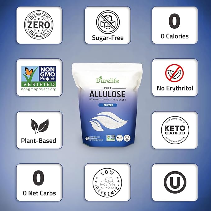 Durelife Allulose sweetener 10 lb 100% Pure No Erythritol powdered Sugar Substitute NON-GMO Project Verified Keto Certified OU kosher No Fillers Zero Calories sugar alternative 10 Lbs