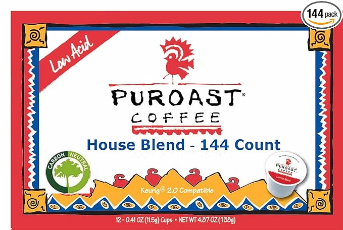 Puroast Low Acid Coffee| House Blend Single Serve Pods | Medium Roast | High Antioxidants &amp High pH |No Bitter Aftertaste | Reduced Heartburn &amp GERD Friendly | 144Count - Compatible with Keuri