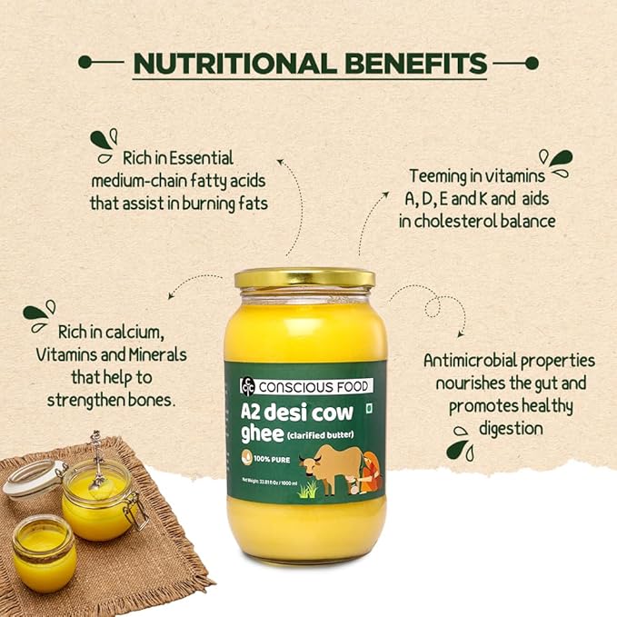 Conscious Food A2 Desi Cow Ghee - 33.814 Fl Oz (1L) Clarified Butter - 100% Pure and Premium Cultured Ghee Natural Grass Fed Indian Cow Non-GMO