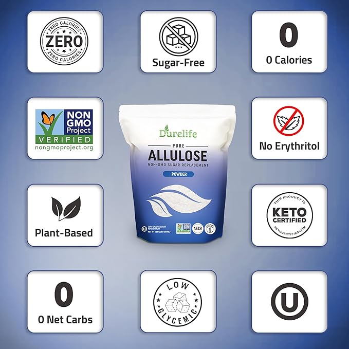 Durelife Allulose sweetener 5 lb 100% Pure No Erythritol powdered Sugar Substitute NON-GMO Project Verified Keto Certified OU kosher No Fillers Zero Calories sugar alternative 5 Lbs
