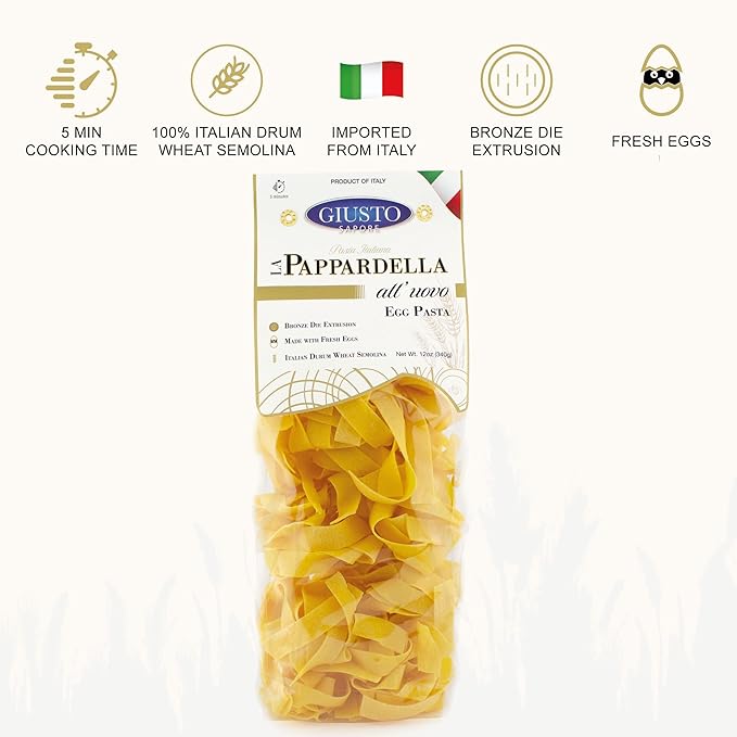Giusto Sapore Classic Pappardelle All Vovo Italian Egg Pasta Nest - 340g - Premium Bronze Drawn Durum Wheat Semolina Gourmet Pasta Noodles - 6 pack