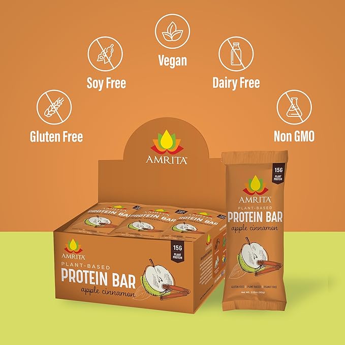 Amrita Nut Free Apple Cinnamon Vegan Protein Bars (12 Count PK of 3) | 11g Plant-Based Protein Bar | Peanut Free Gluten Free and Dairy Free | Low Sugar High Fiber Healthy School-Safe Snacks
