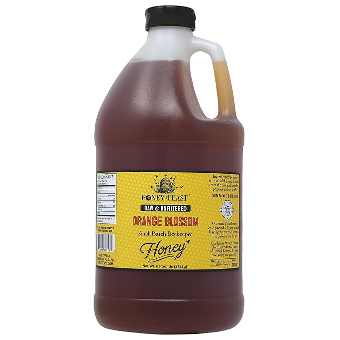 HONEY FEAST 6 Pounds Raw Orange Blossom Honey - All Natural Unfiltered Unheated From Oranges Perfect for Sweetening &amp Baking