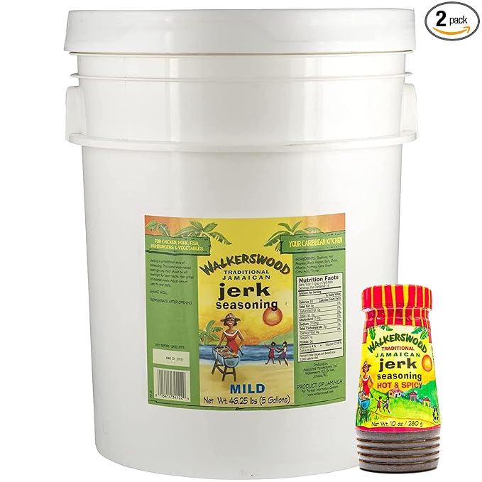 Walkerswood Traditional Jamaican Jerk Seasoning Mild 50 lb. and Walkerswood Hot 10 oz.