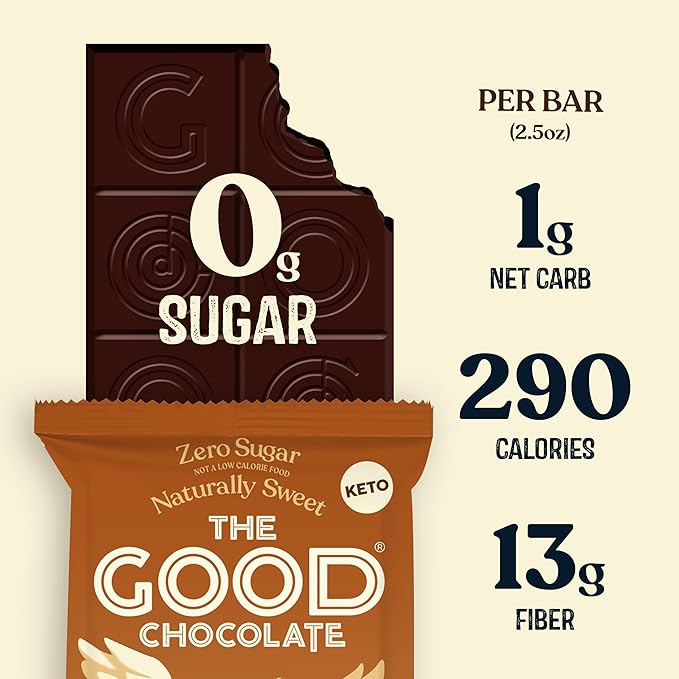 THE GOOD CHOCOLATE – Salted Almonds Dark Chocolate Bars with Zero Sugar &amp Lower Net Carbs – Keto Chocolate Bar with Lower Calories All Natural and Non-GMO Keto Snacks 2.5 oz (6 Bars Value Pack)