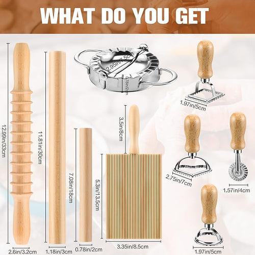 9 Pcs Gnocchi Pasta Making Tools kit - Gnocchi Board Pasta Cutter Ravioli Stamp Wood Threaded Pasta Roller Pin Set Noodle and Dumplings Maker Homemade Kitchen Gift for Pasta Lovers
