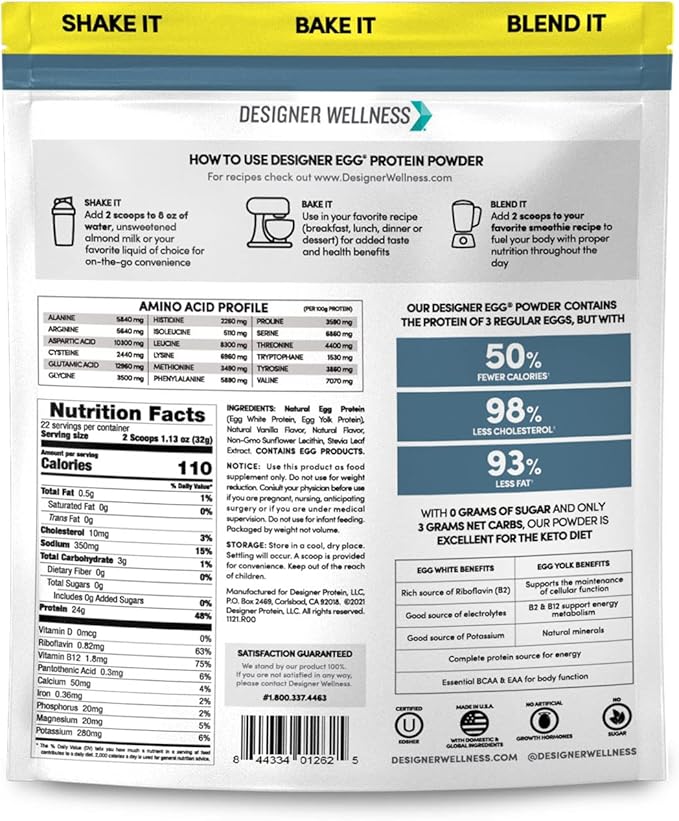Designer Wellness Designer Egg Natural Egg Yolk &amp Egg White Protein Powder Keto and Paleo Friendly Low Calorie Less Fat and Cholesterol Classic Vanilla 1.55 Pound