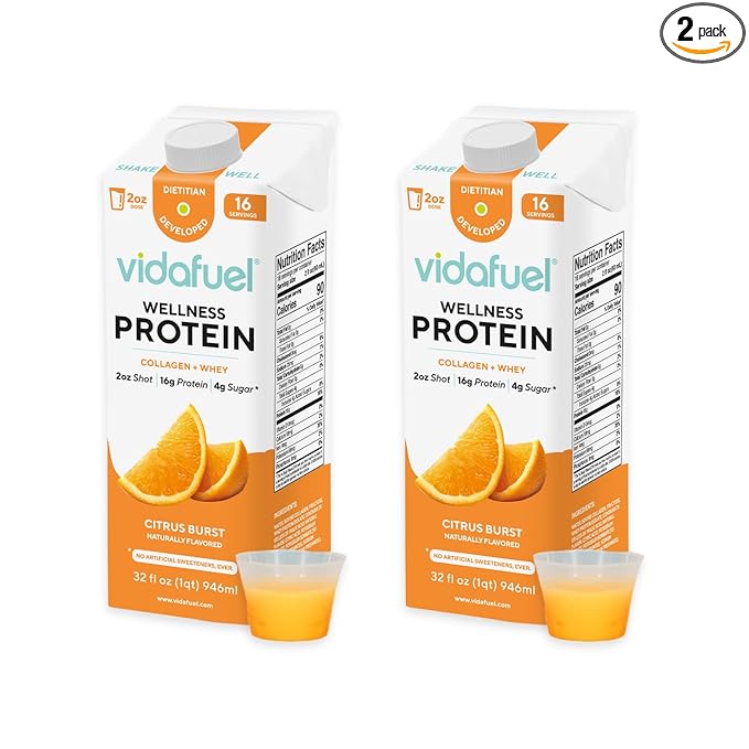 Vidafuel Protein Drink 16g Protein per 2oz Shot 32 fl oz Carton 2 Pack Citrus Collagen and Whey Drink No Artificial Sweeteners