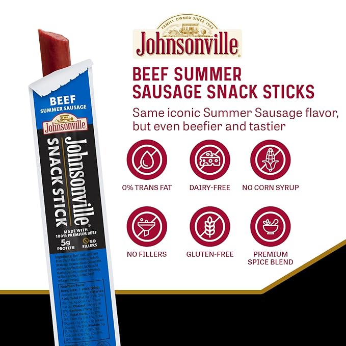 Johnsonville Summer Sausage Snack Sticks - Dairy Free Gluten Free Protein Snacks Jerky Snack Packs - Beef 1 oz. 24-Pack