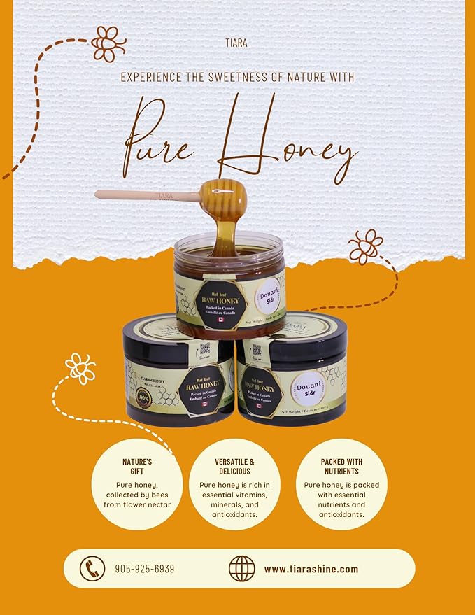 TIARA Yemeni Douani Sidr Honey – 100% Raw Pure &amp Natural CFIA Certified Unpasteurized Packed in Canada Premium Quality – 33.5 Fl Oz 950g + Free Honey Dipper Gift
