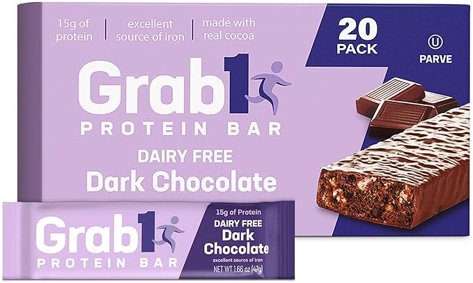 Grab1 Dairy Free Real Dark Chocolate Protein Bars | 15g Protein (20 Bars) | Controls Hunger | Vegan Friendly | Certified Kosher | Delicious Tasting | Low Calorie | Great Meal Replacement or Snack