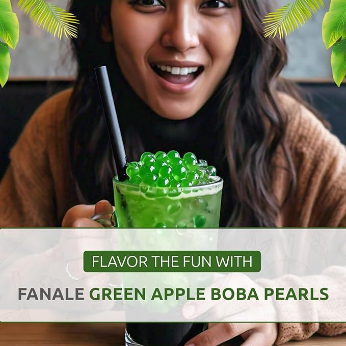 Fanale Green Apple Popping Boba Pearls Vegan Non GMO Gluten Free Fat Free Perfect for Bubble Tea Smoothies Ice Cream Desserts and Beverages.