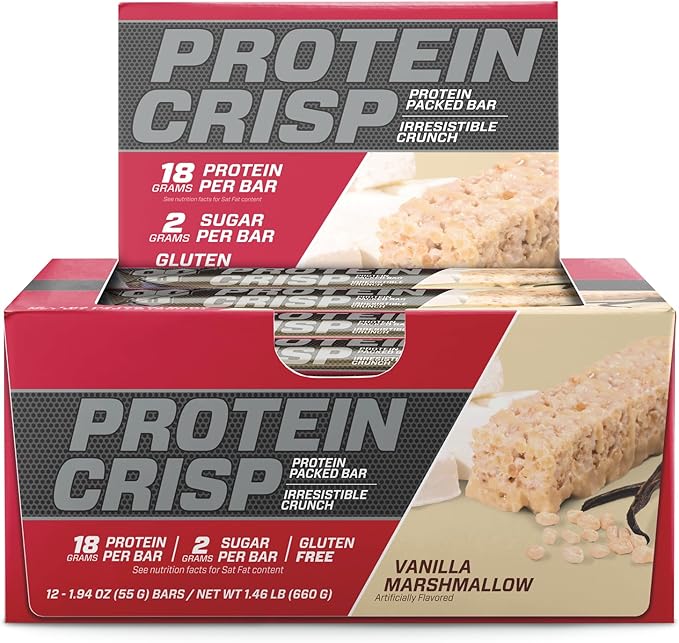BSN Protein Crisp Bar Vanilla Marshmallow 18 Gram Protein Snack Bars with Whey and Fiber Gluten-Free Crunchy Energy Bars for Workout Fitness On-the-Go 12 Count