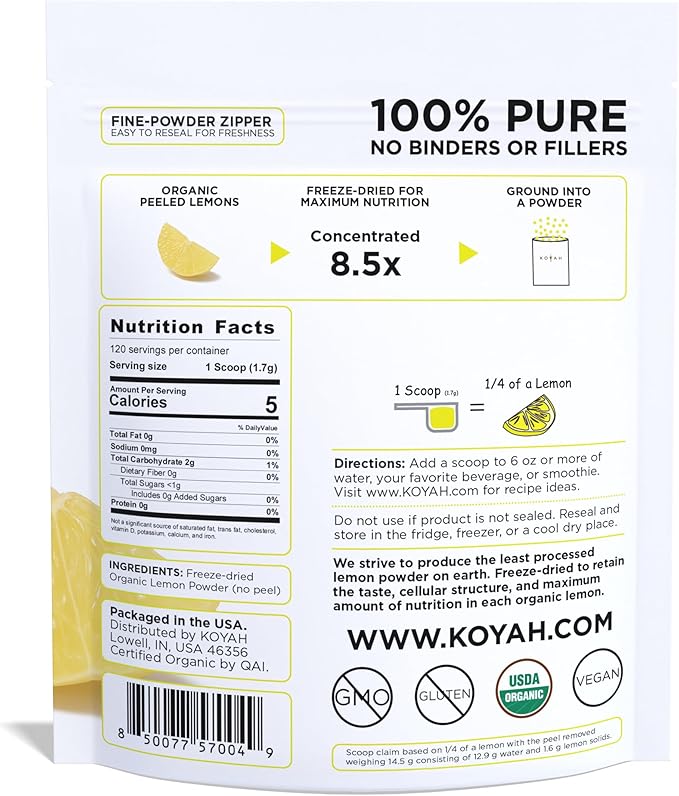 KOYAH - Organic Lemon Powder (No Peel): 120 Servings (1 Scoop = 1/4 Lemon) Freeze-Dried 100% Pure