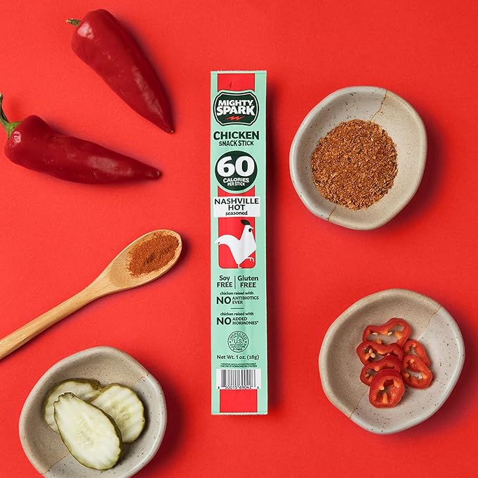 Mighty Spark Chicken Snack Sticks - Nashville Hot - 6g of Protein No Antibiotics No Hormones Gluten Free Soy Free Meat Sticks - High Protein Keto Snacks Weight Watchers Approved - 12 Count