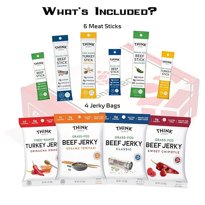 Think Jerky Grass Fed Beef Free Range Turkey Jalapeno Chipotle Sriracha Variety Pack | Snack BOX Care Package (10 Count) | Fathers Day Holiday Birthday Student Teachers Back to School College Gif