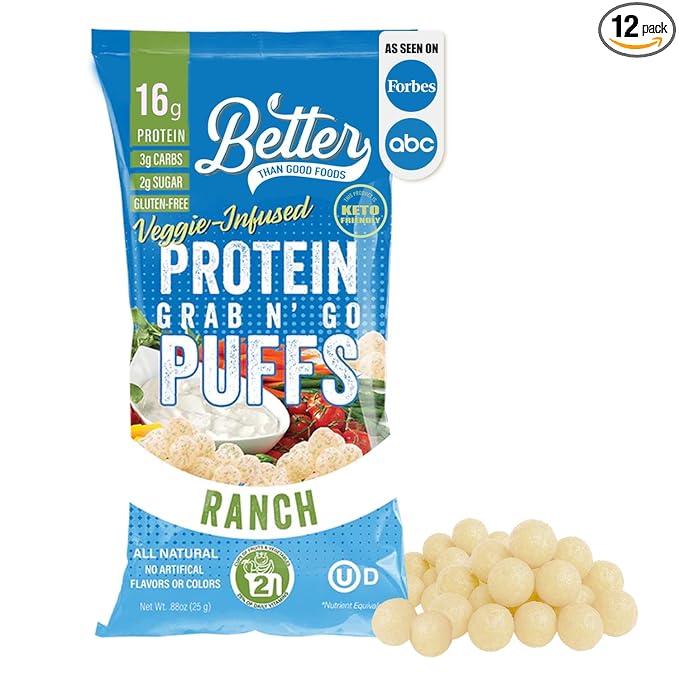 Better Than Good Keto Ranch 16g Protein Puffs | Healthy Savory Snacks Gluten-Free Low Carb kids &amp Diabetic-Friendly Snack No Artificial Flavours | 2 Servings of Fruits &amp Veggies (Pack of 1