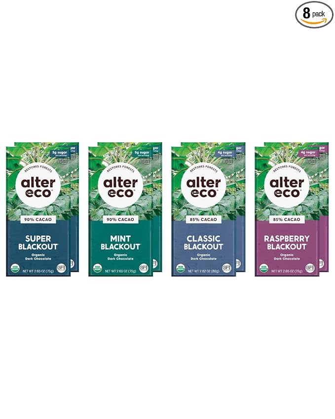 Alter Eco | Blackout Variety Pack | Pure Dark Cocoa Fair Trade Organic Non-GMO Gluten Free Dark Chocolate Bars - (4 Flavors - 8 Bars)