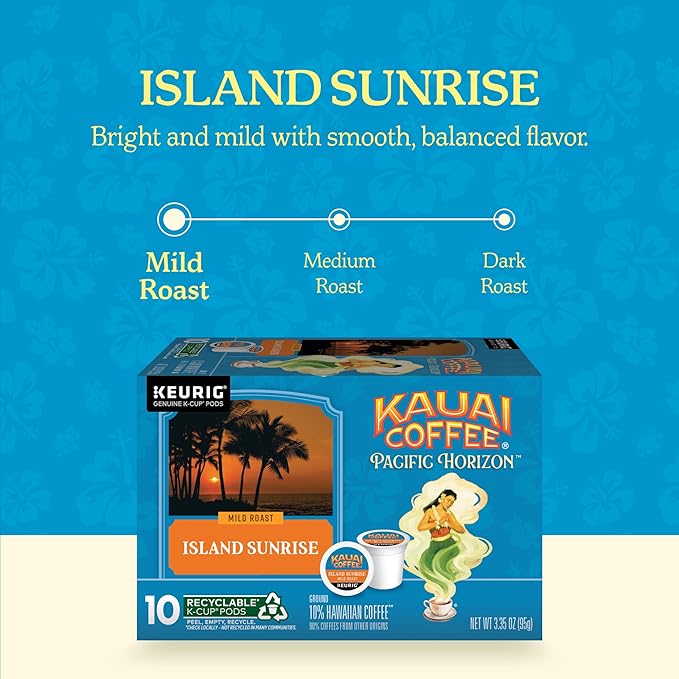 Kauai Coffee K-Cup Pods for Keurig Brewers – Arabica Coffee 10% Hawaiian – Mild Roast Light with Bright Aroma – Island Sunrise 1 Pack of 10 Single Serve K-Cups