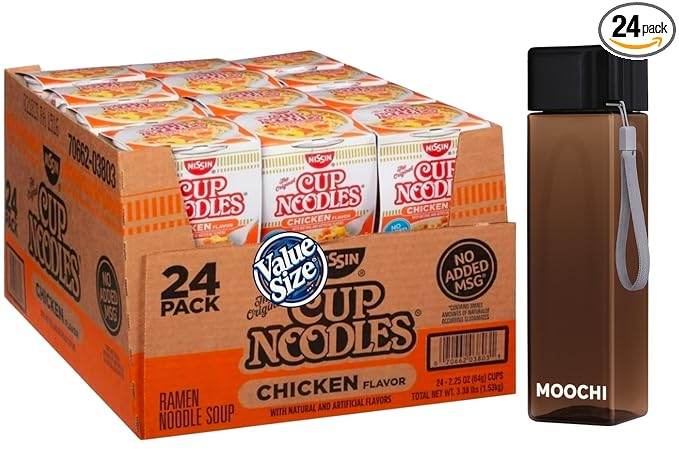 Chicken Flavor Instant Cup Noodle Soup 24 Cups Het FREE MOOCHI Reusable Water Bottle — Custom bundled by MOOCHI