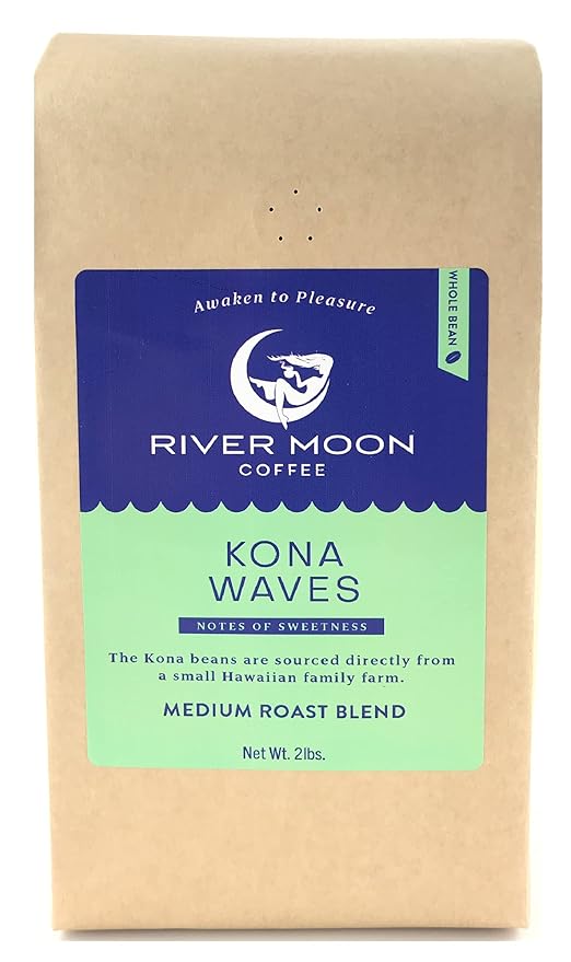 River Moon Coffee Kona Coffee Whole Bean Medium Roast 2 lbs Kona Waves Hawaiian Blend Sustainably Farmed 100% Arabica