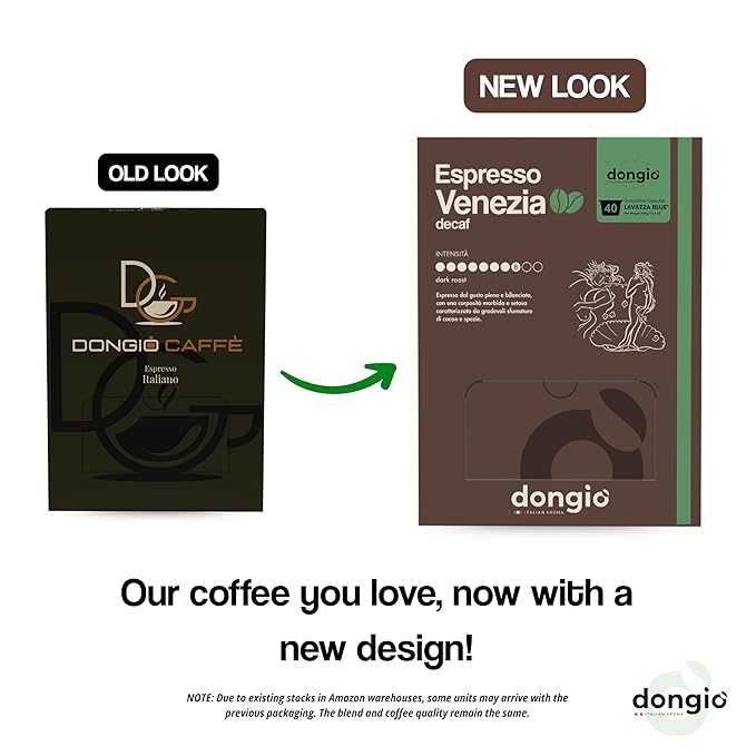 Dongiò Caffè Espresso Venezia (decaffeinated) - 40 Capsules compatible with Lavazza Blue/Black systems Medium-dark roast coffee (intensity 7/10) - Roasted and blended in Italy decaffeinated using na